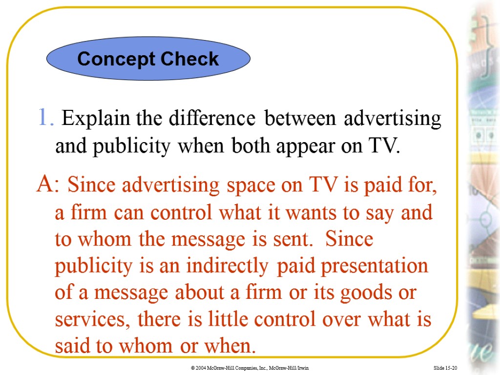 Slide 15-20 1. Explain the difference between advertising and publicity when both appear on